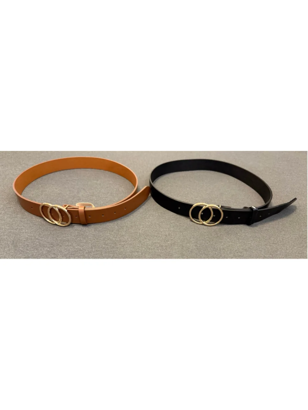 2 faux leather belts distinctive gold-toned double O-ring buckle black brown